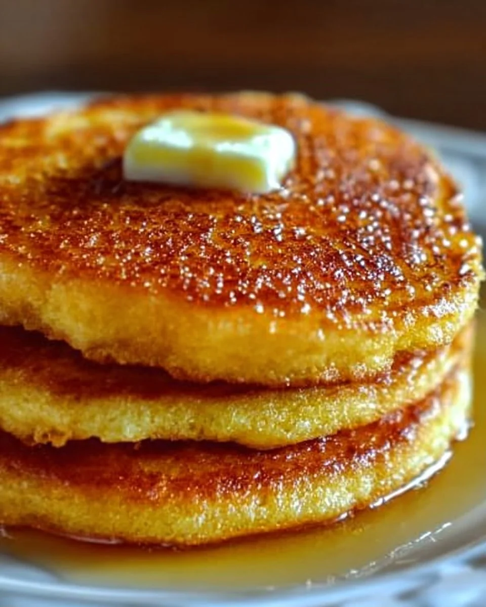 Jiffy cornbread pancakes stacked on a plate with syrup and butter