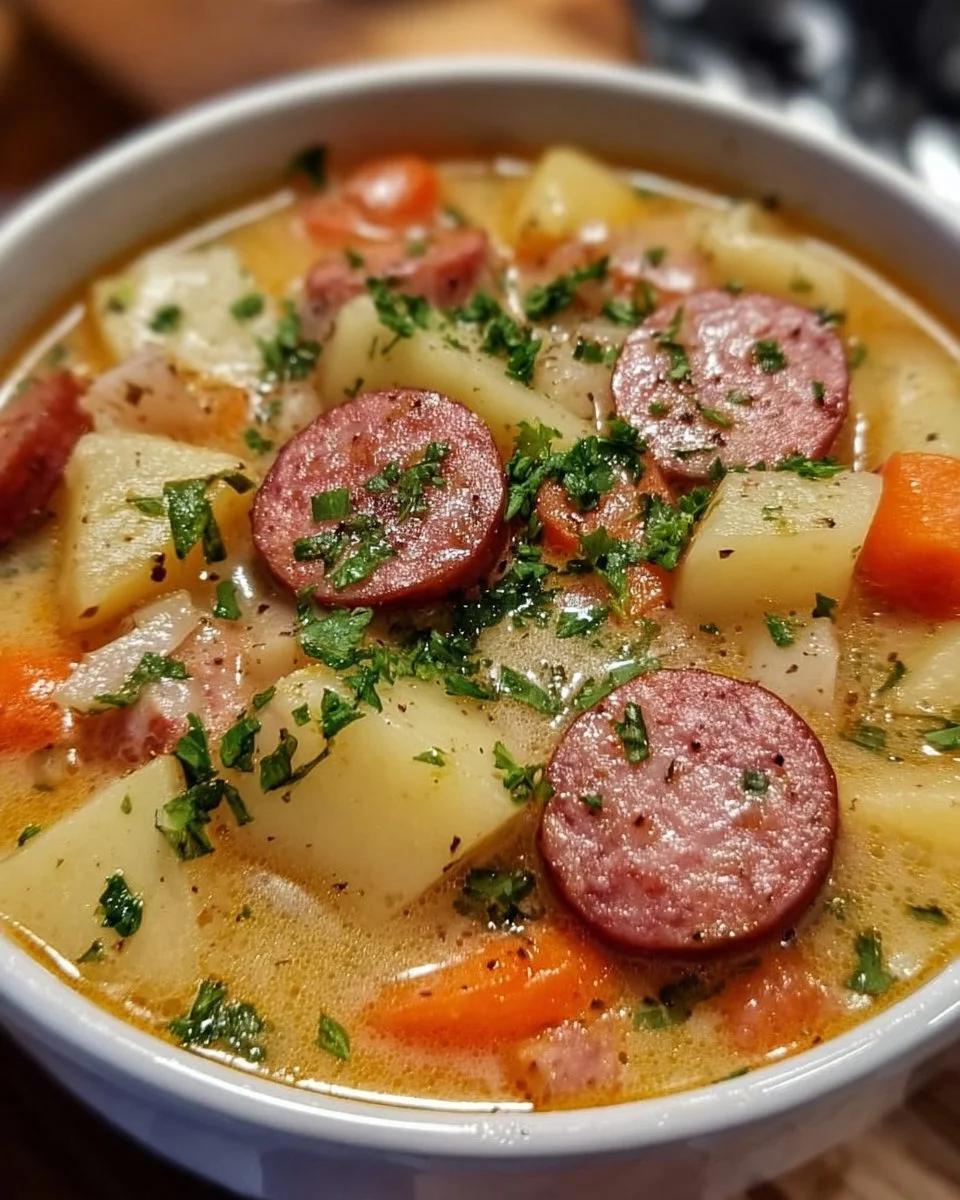 A bowl of hearty kielbasa potato soup garnished with herbs.