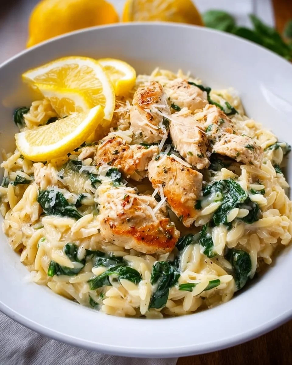 A bowl of lemon chicken orzo with fresh herbs and citrus slices