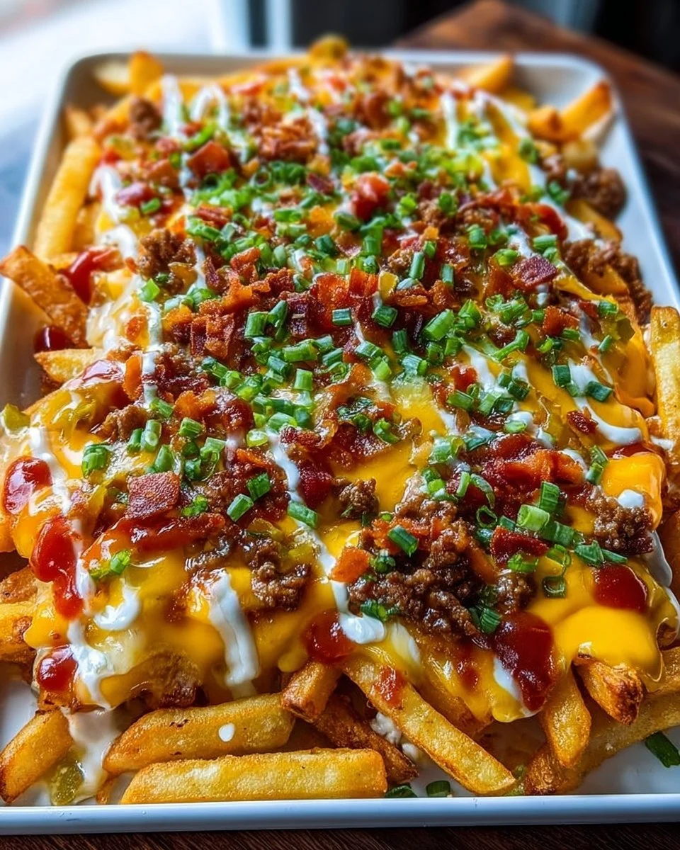 Delicious loaded fries topped with cheese, bacon, and fresh ingredients
