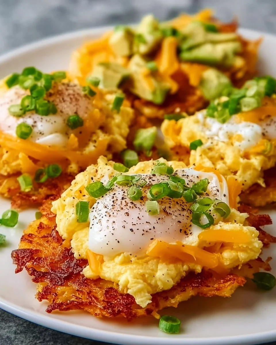 Loaded hash browns topped with scrambled eggs, a delicious breakfast dish