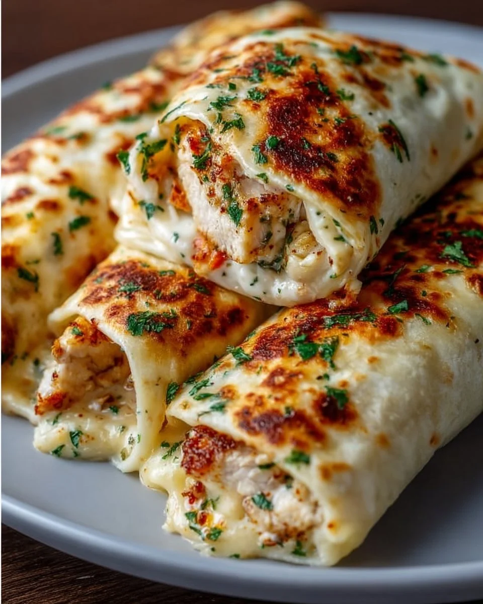 Delicious low carb cheesy garlic chicken wraps on a wooden plate