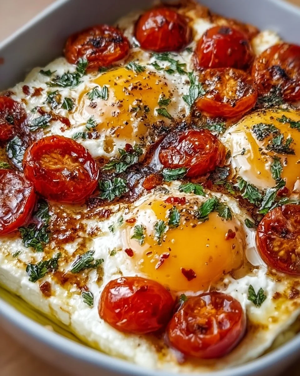 Mediterranean baked feta eggs served with herbs and spices in a rustic dish