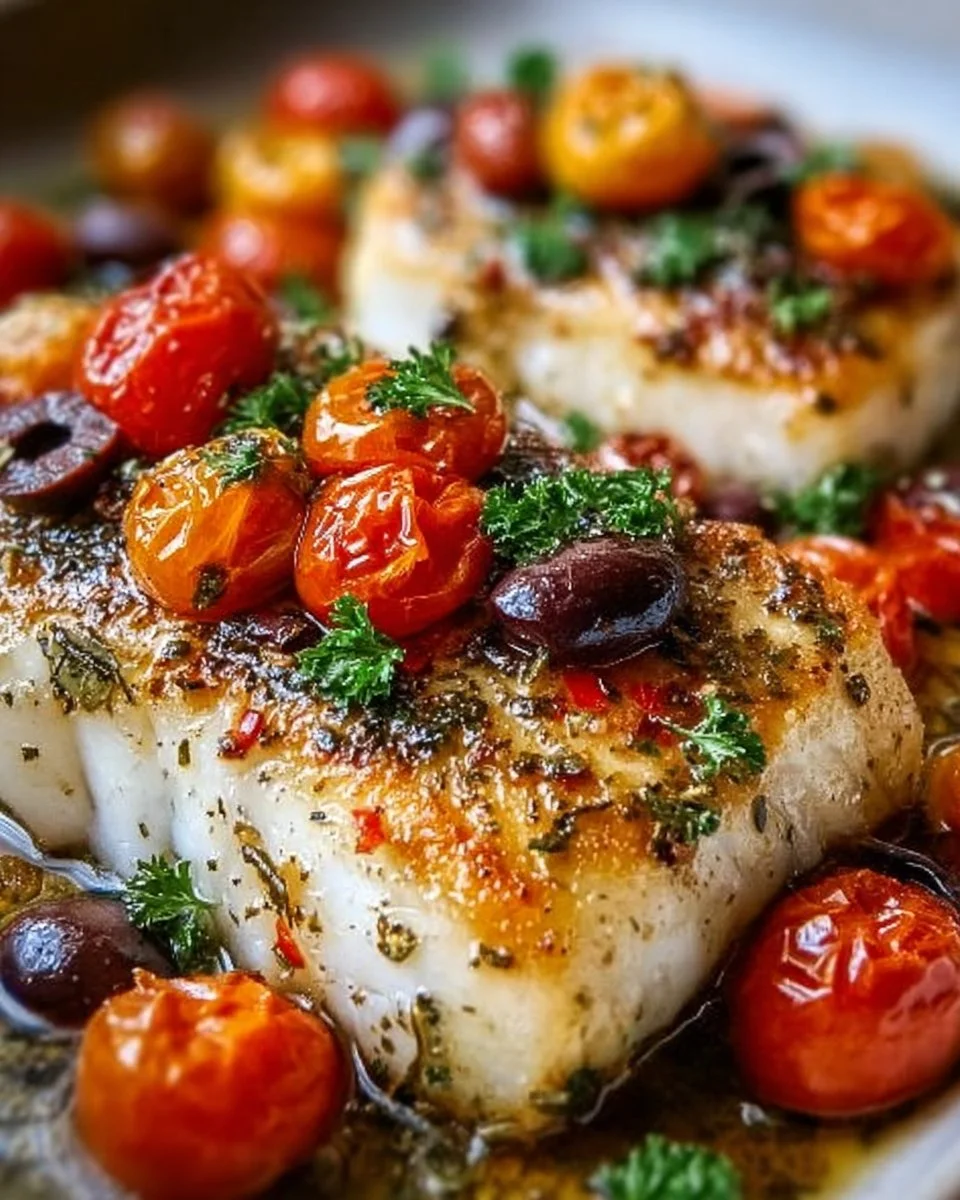 Mediterranean baked fish garnished with fresh herbs and lemon slices