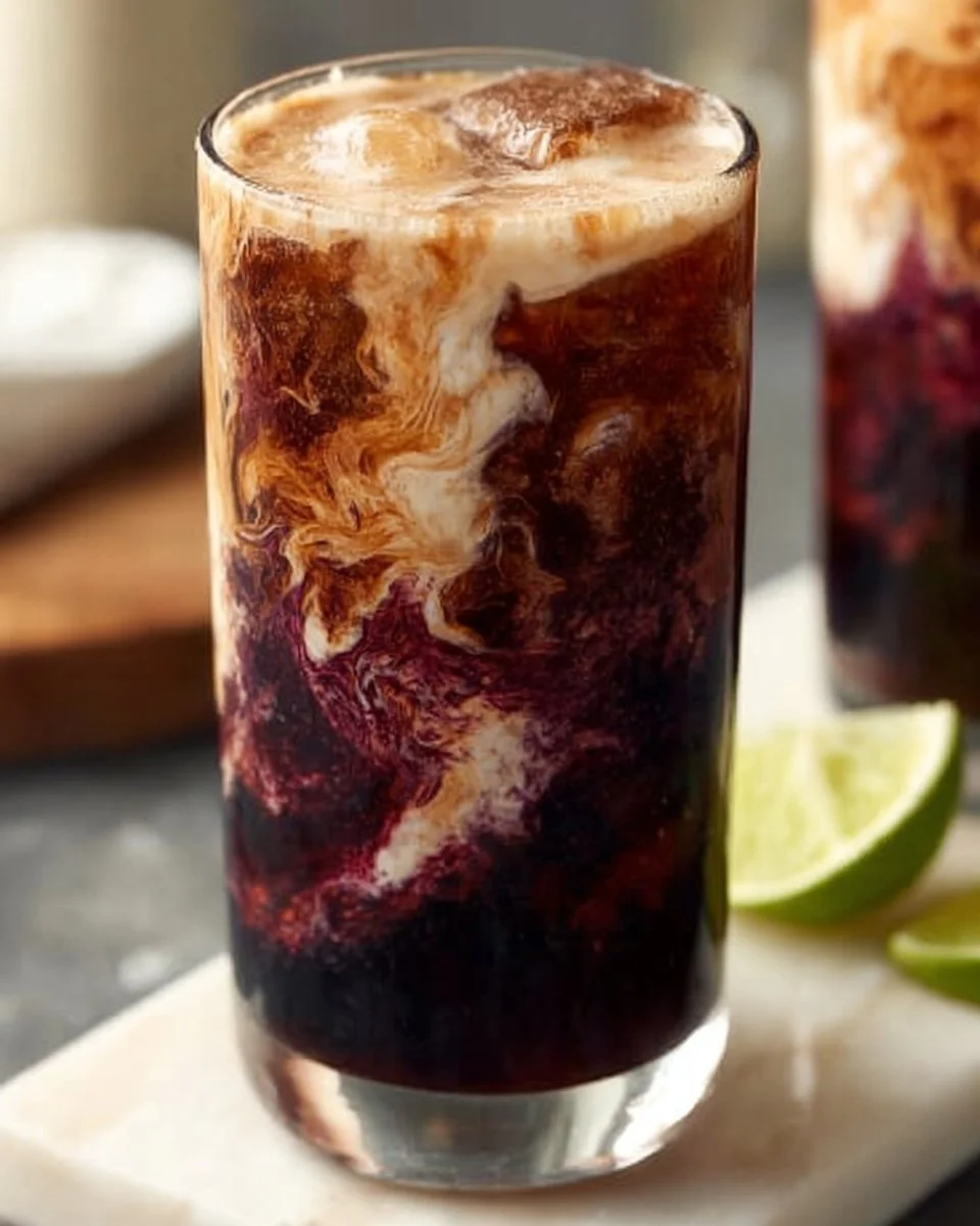 Glass of Midnight Malibu Dirty Soda with tropical fruits and ice