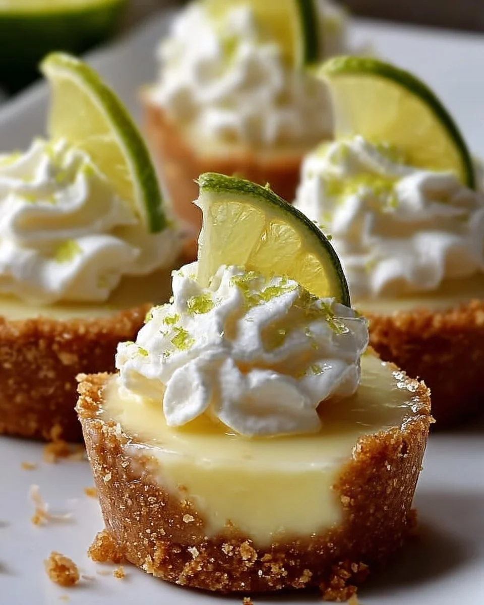 Mini key lime pies garnished with lime and whipped cream