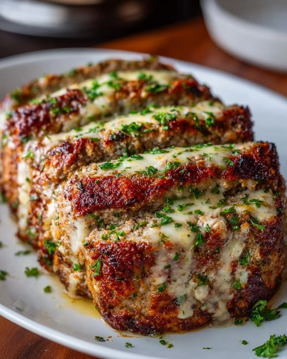 Delicious Garlic Parmesan Meatloaf served with herbs and garlic bread