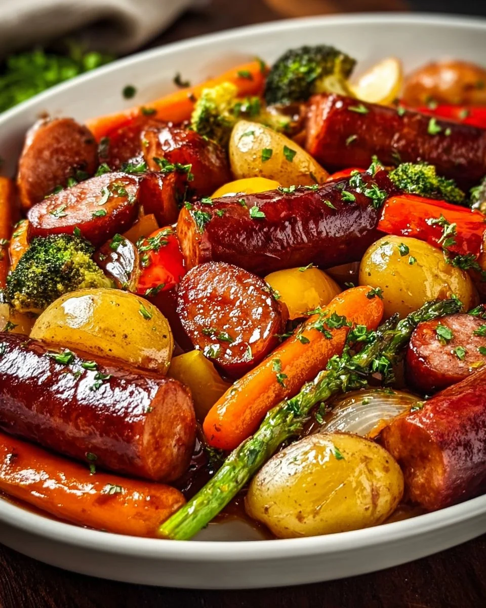 One-Pan Honey Garlic Kielbasa with colorful roasted veggies