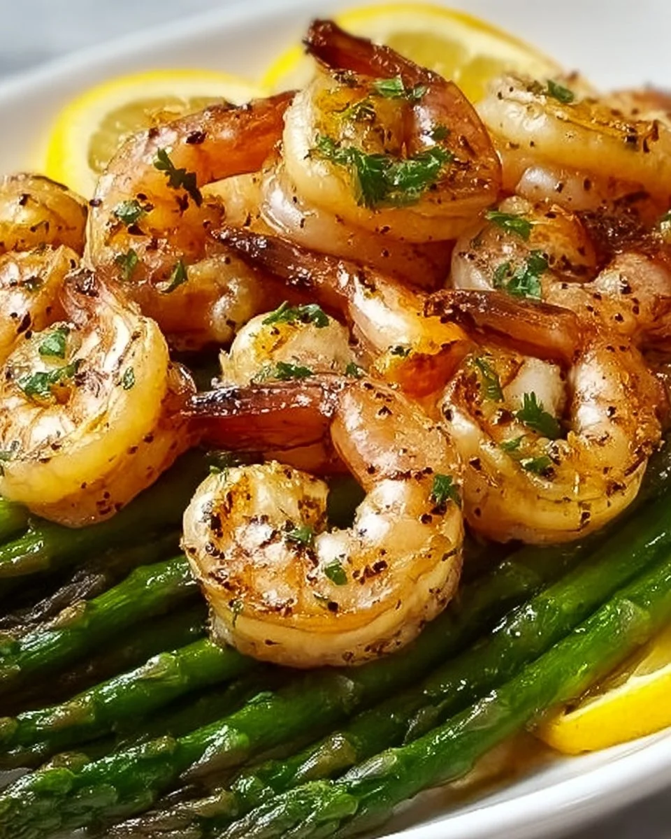 One-Pan Lemon Garlic Shrimp and Asparagus dish garnished with fresh herbs