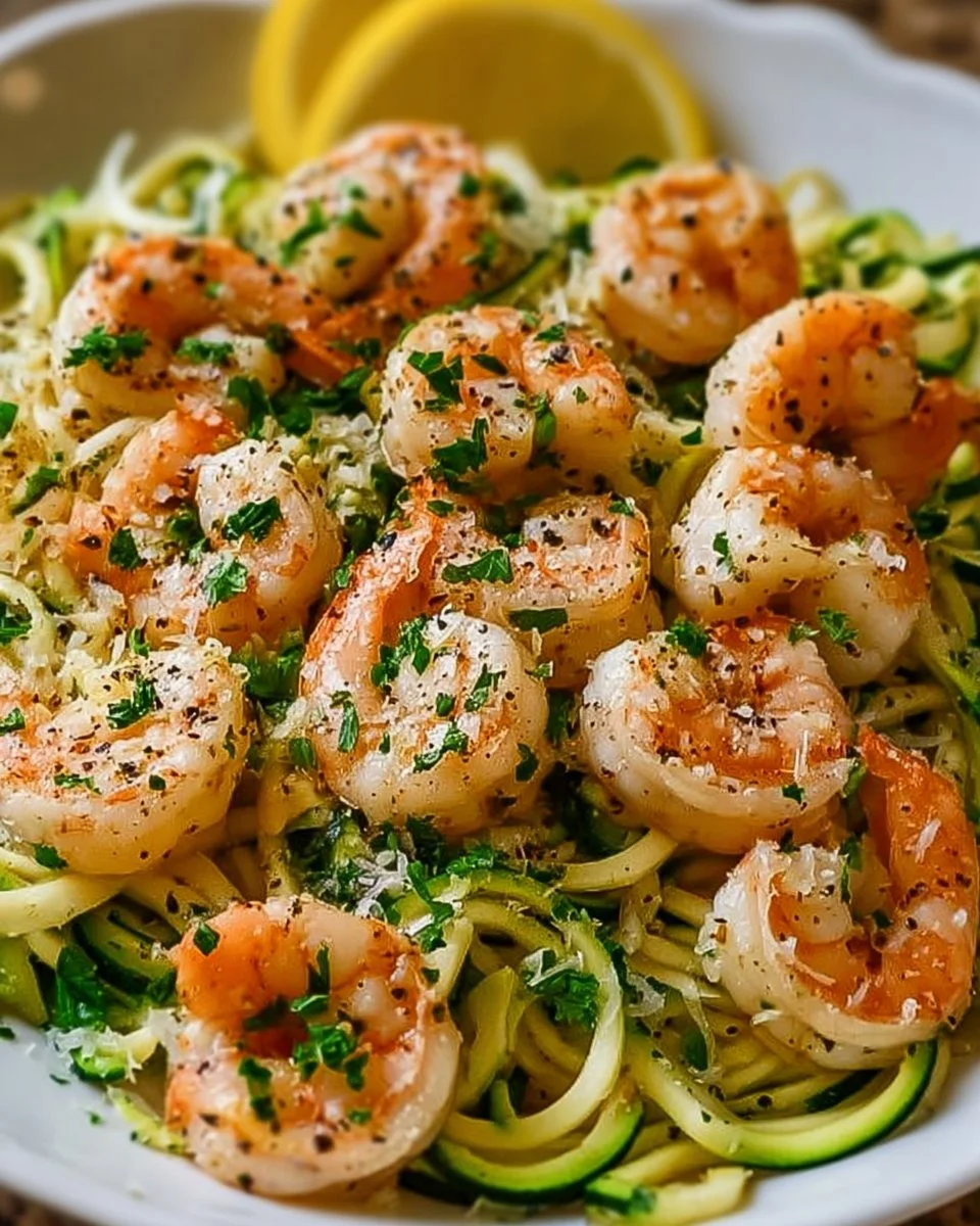 One-Pan Lemon Garlic Shrimp served with Zucchini Noodles in a vibrant dish
