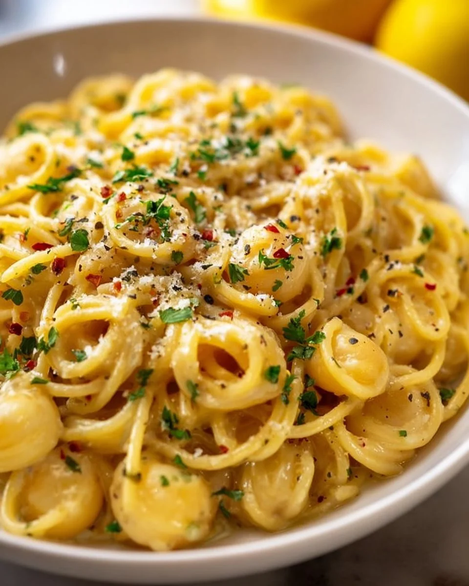 Delicious one pot garlic butter pasta recipe with herbs and cheese