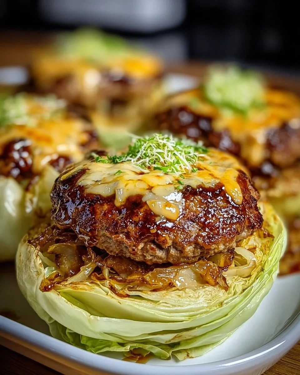 Oven-baked cabbage burgers served on a plate with fresh toppings