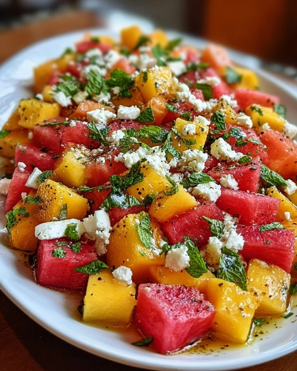 Delicious Peach Watermelon Salad featuring fresh peaches and watermelon slices.