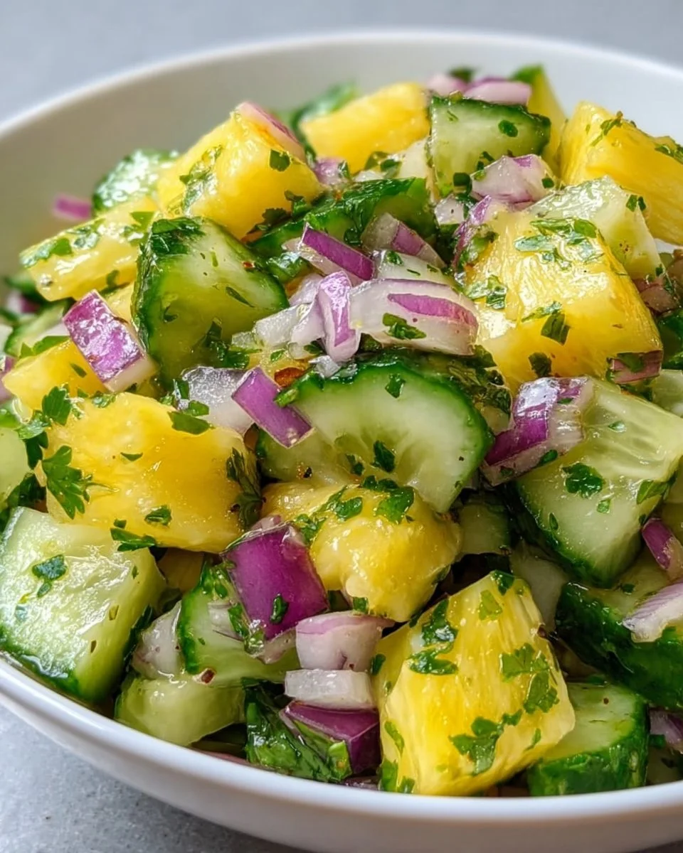 Delicious Pineapple Cucumber Salad recipe with vibrant colors and fresh ingredients.