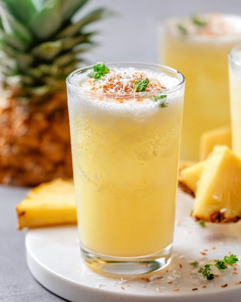 Homemade pineapple soda served in a glass with ice and fresh pineapple slices