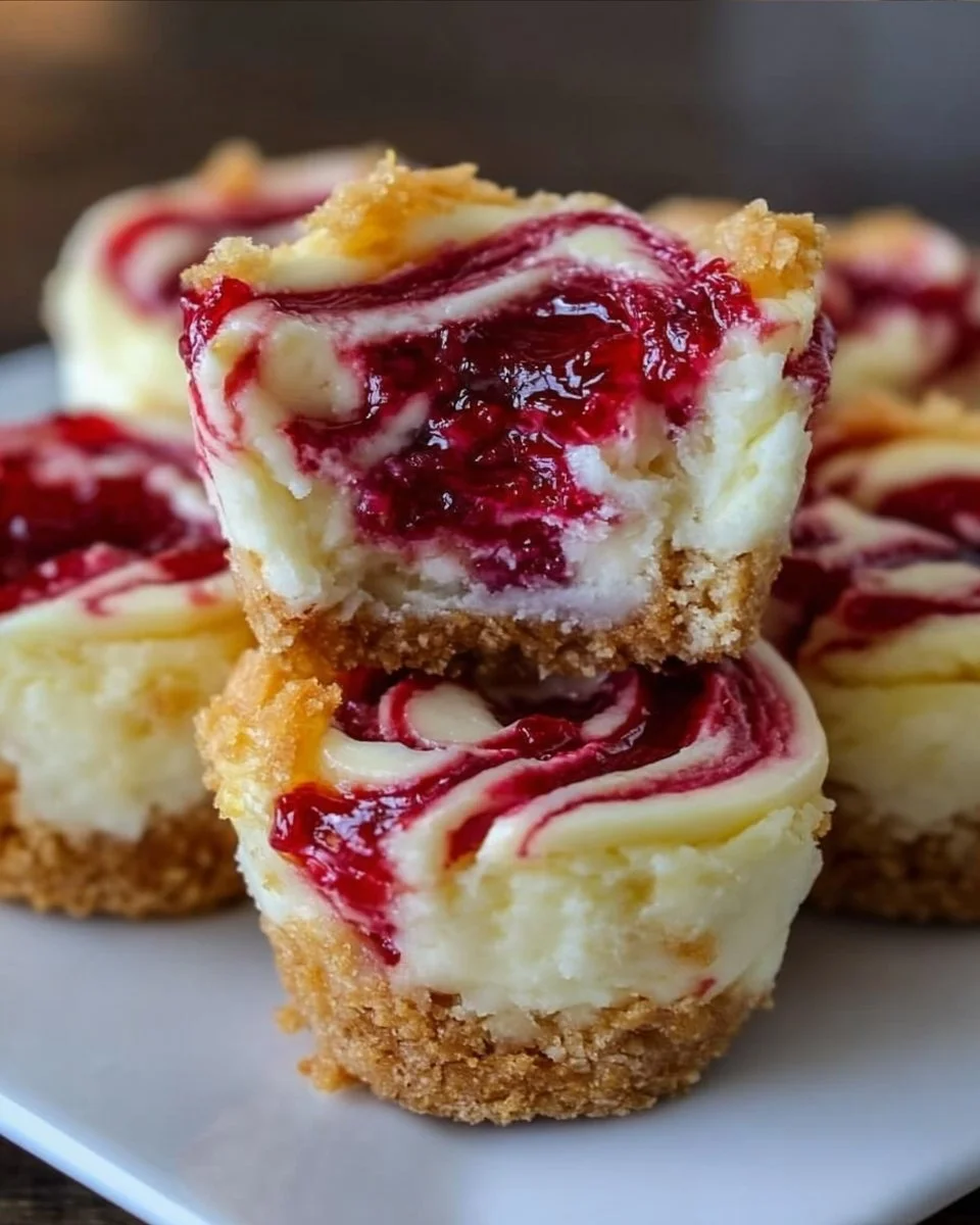 Raspberry Swirl Cheesecake Bites with a rich creamy layer and raspberry swirl