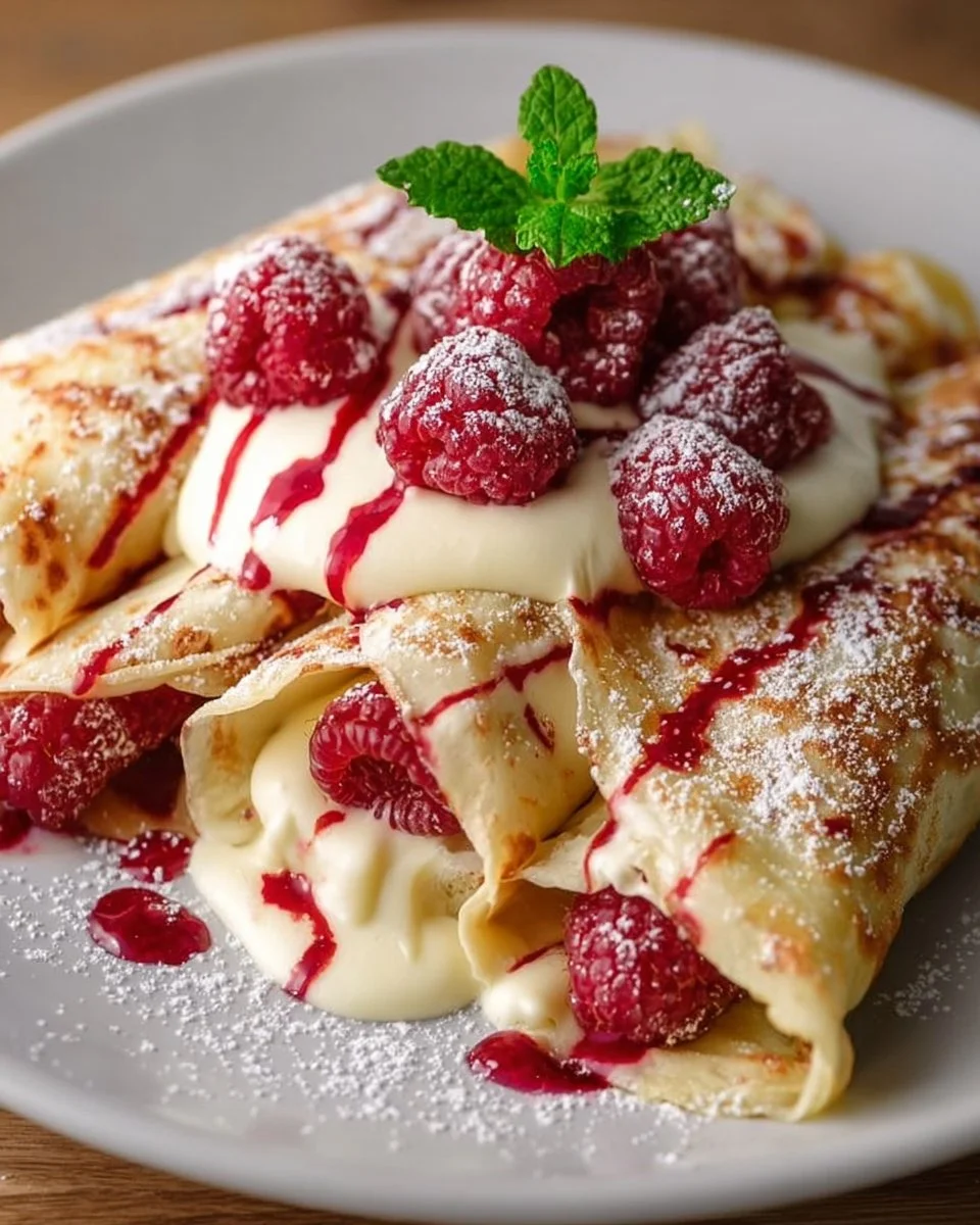 Delicious raspberry vanilla cream crepes topped with fresh raspberries