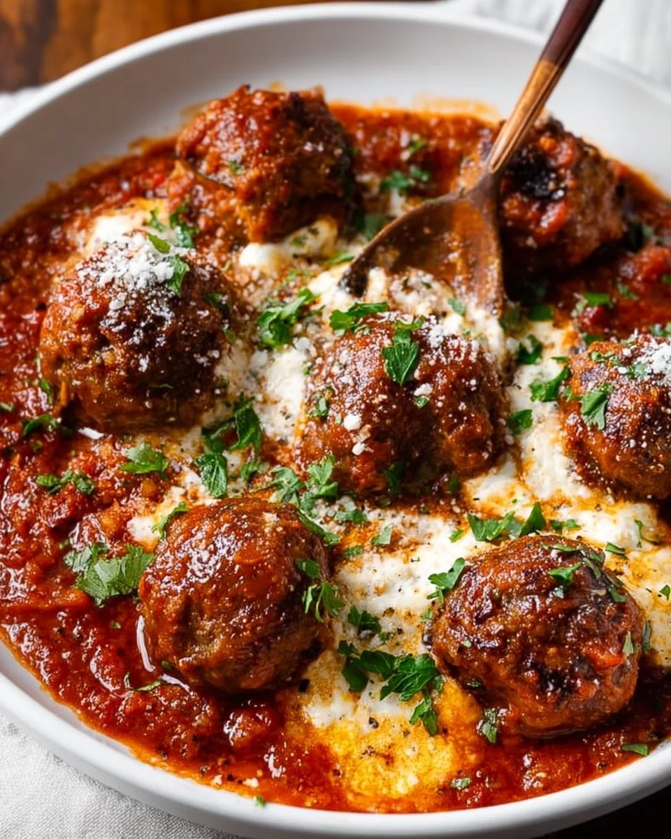 Delicious homemade Ricotta Meatballs served on a plate with marinara sauce.