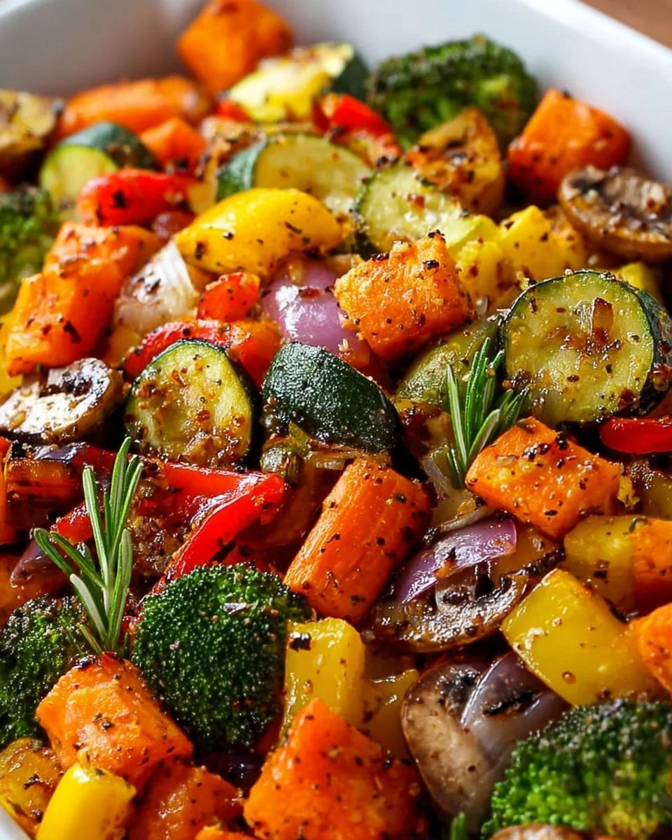 Colorful roasted vegetable medley featuring carrots, bell peppers, and zucchini.