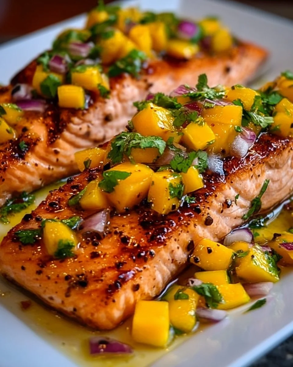 Salmon fillet topped with vibrant mango salsa on a plate.
