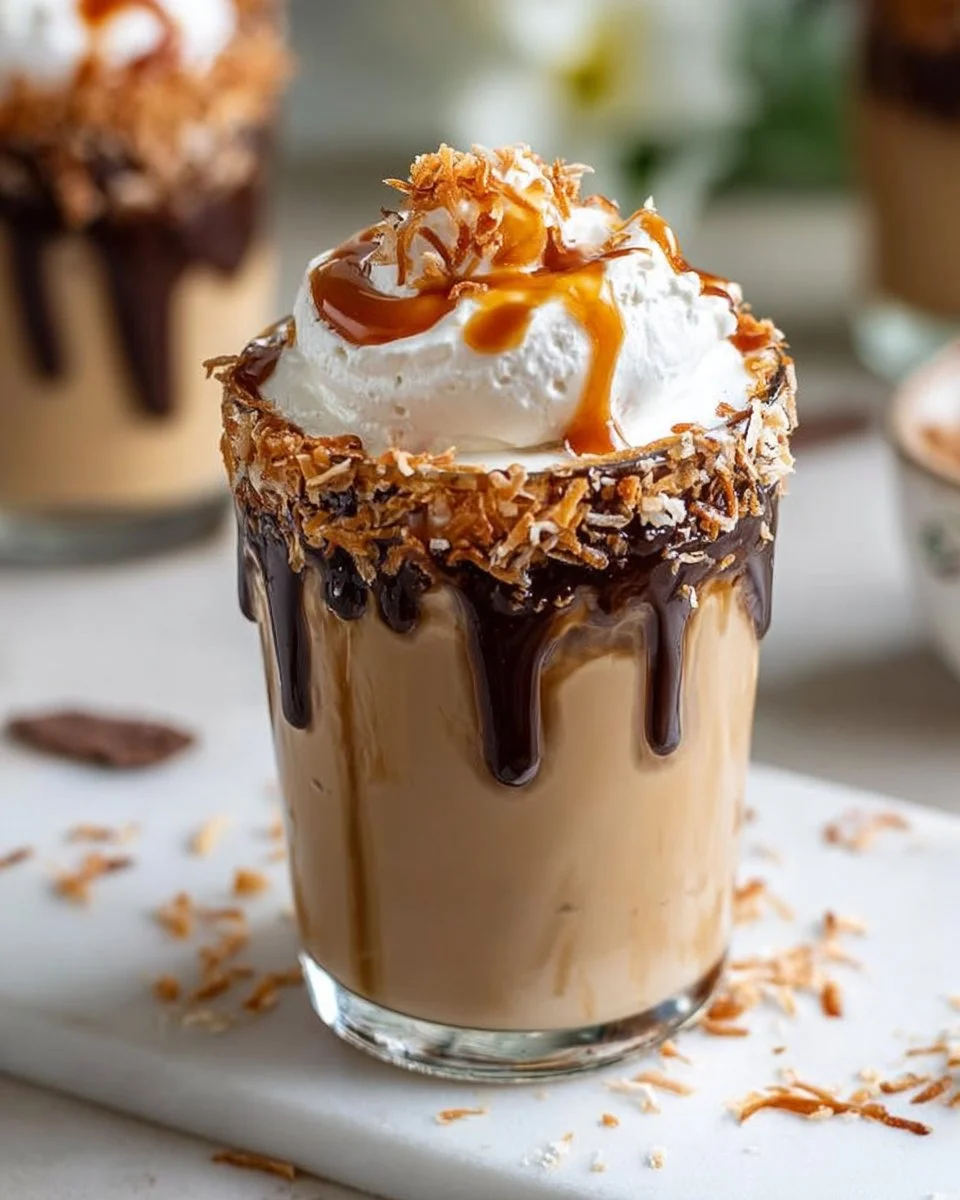 Samoas Iced Coffee topped with whipped cream and drizzled chocolate