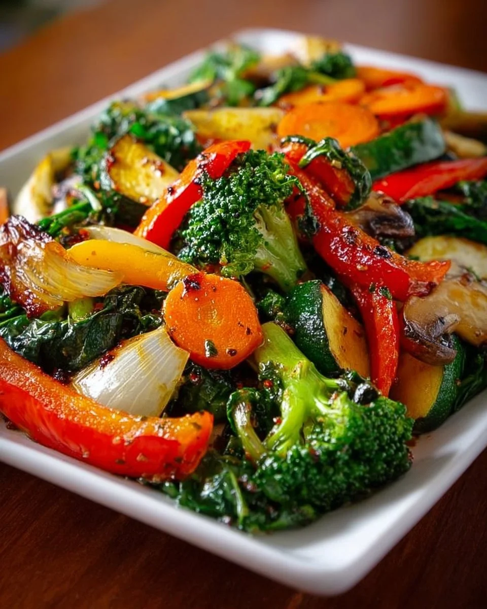 Colorful sautéed vegetables in a pan, showcasing vibrant colors and textures.