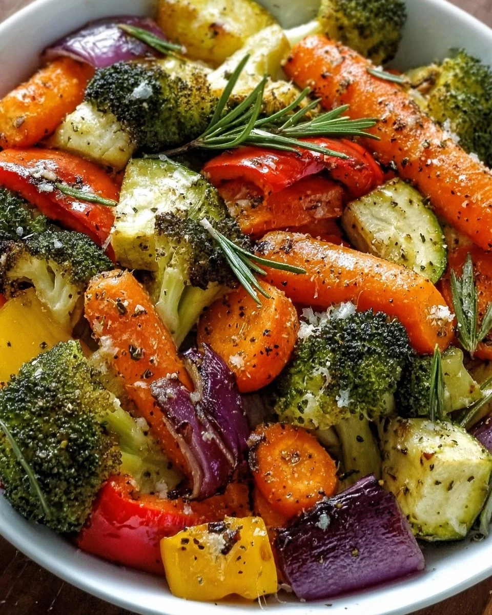 Plate of delicious garlic roasted vegetables garnished with herbs