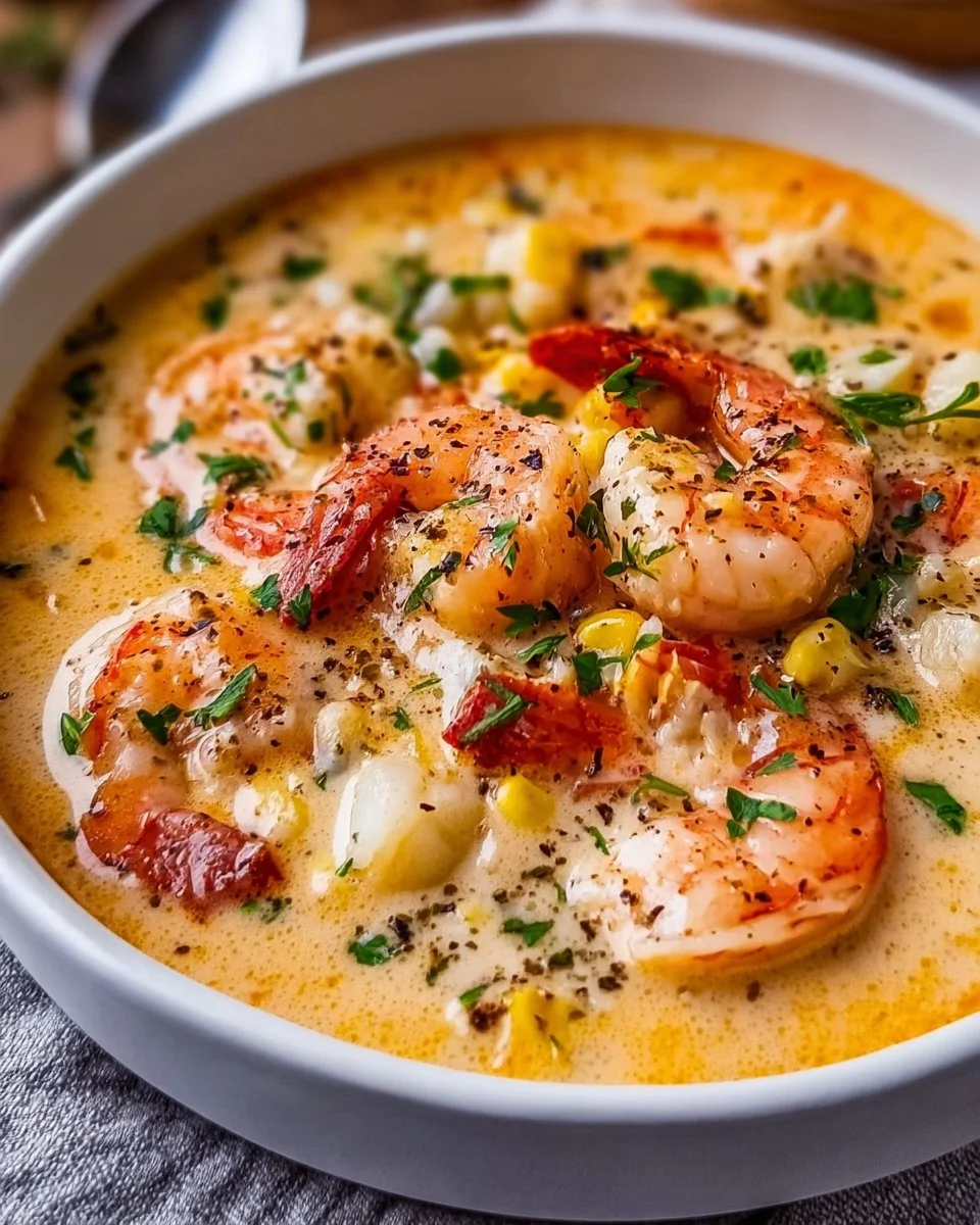 Bowl of rich seafood bisque garnished with herbs and seafood