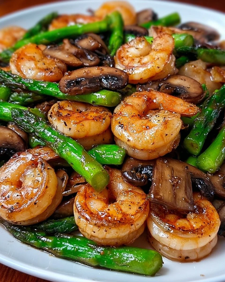 Shrimp Stir-Fry with asparagus and mushrooms in a colorful dish