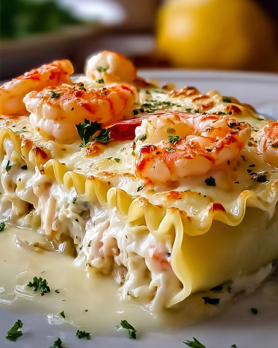 Shrimp and Crab Alfredo Lasagna Roll-Ups served on a plate