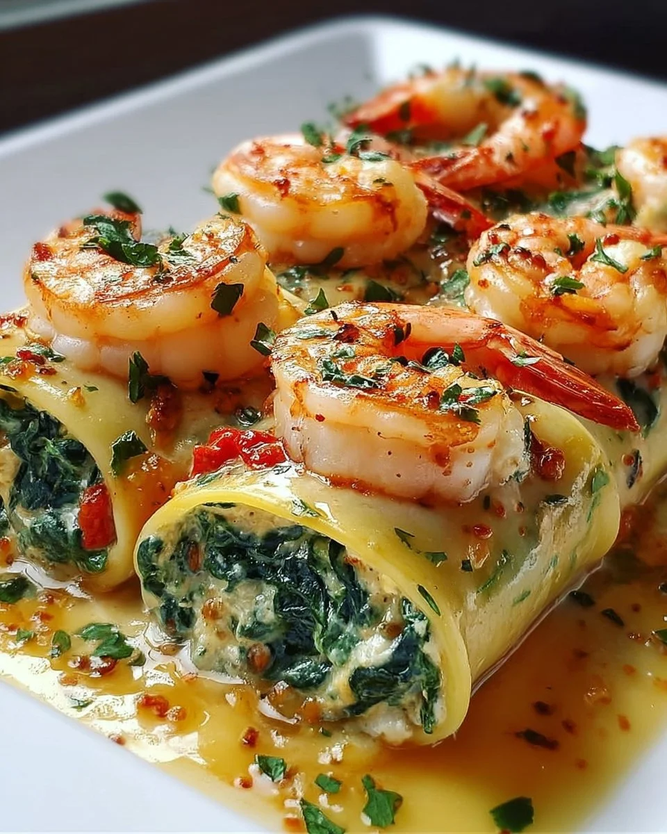 Shrimp stuffed pasta rolls beautifully arranged on a plate for a delicious meal