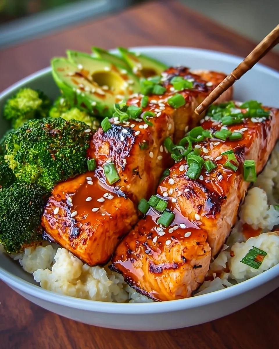 Delicious Sriracha Honey Salmon bowls garnished with vegetables and rice.