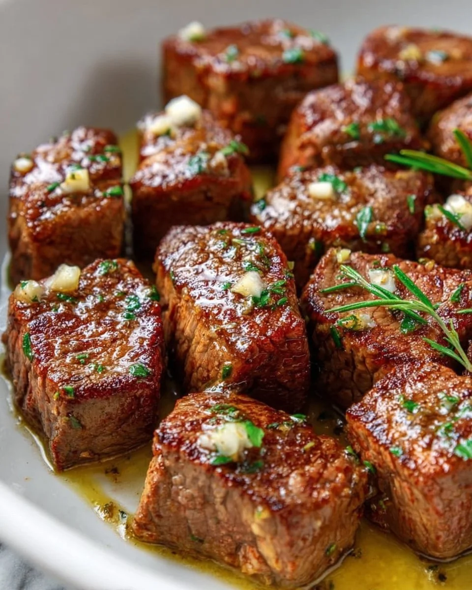 Delicious steak bites served on a platter with dipping sauce
