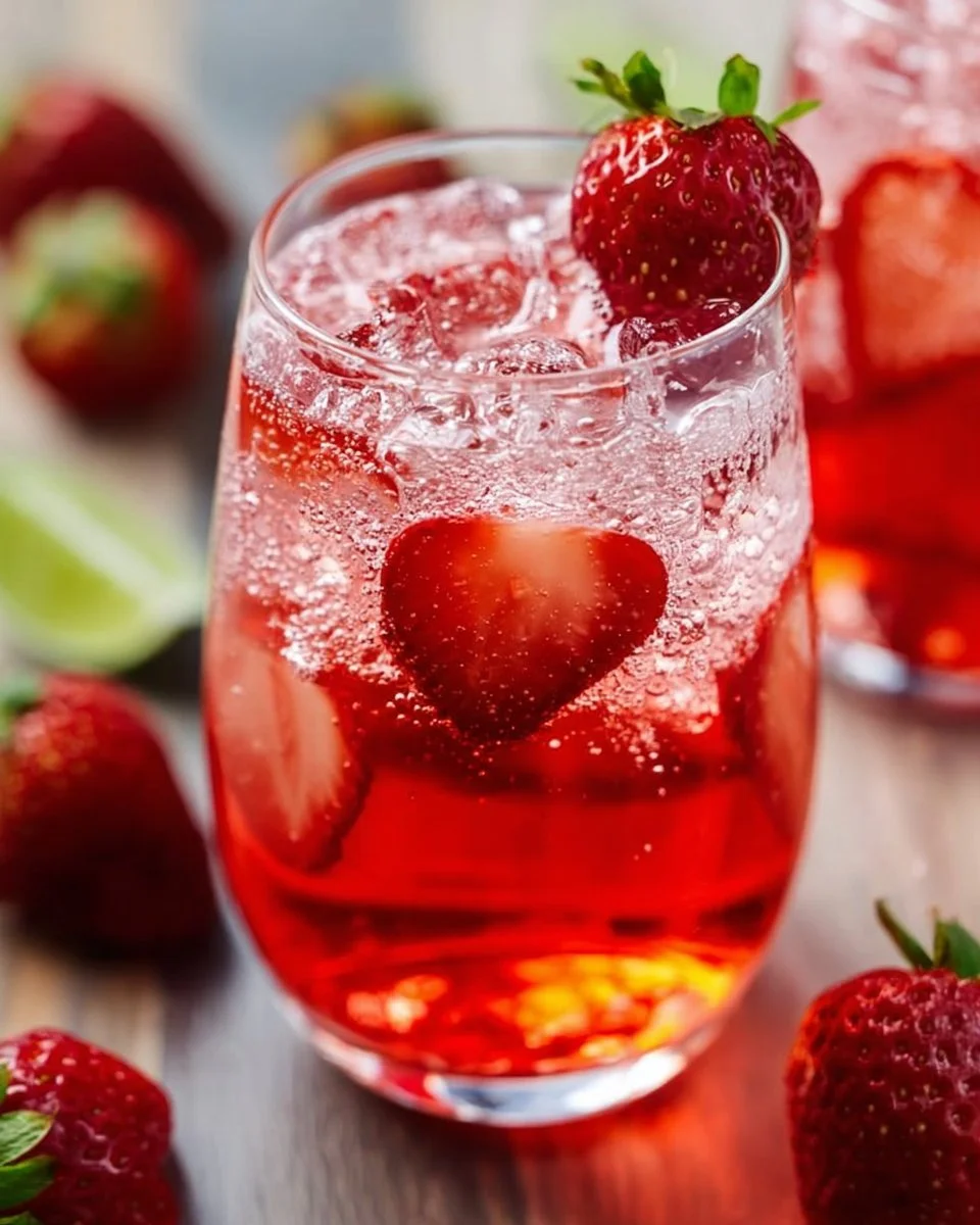Strawberry Dirty Sprite cocktail in a vibrant glass with ice and fruit garnish
