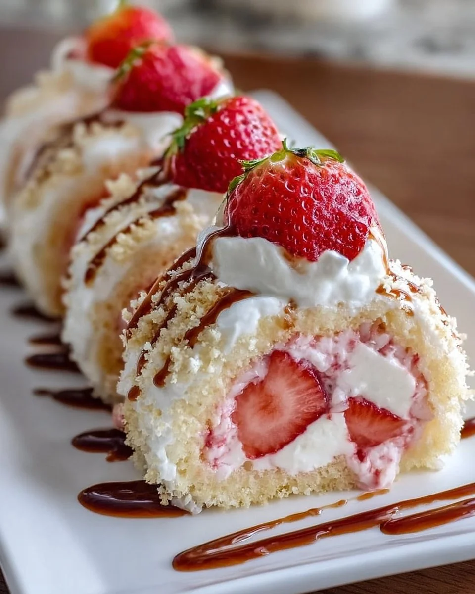 Strawberry shortcake cheesecake sushi rolls on a plate