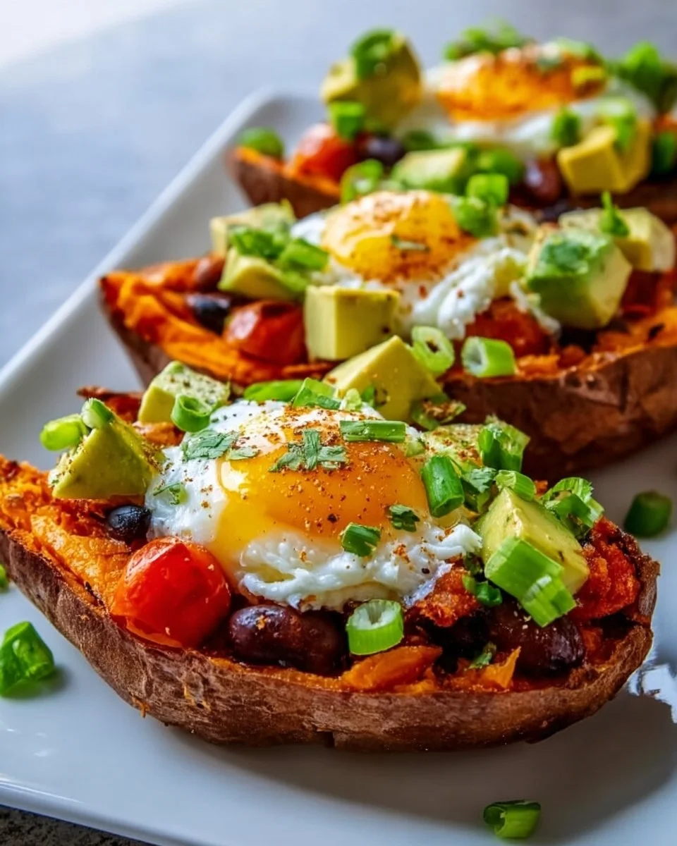 Delicious stuffed sweet potatoes with savory fillings garnished for presentation