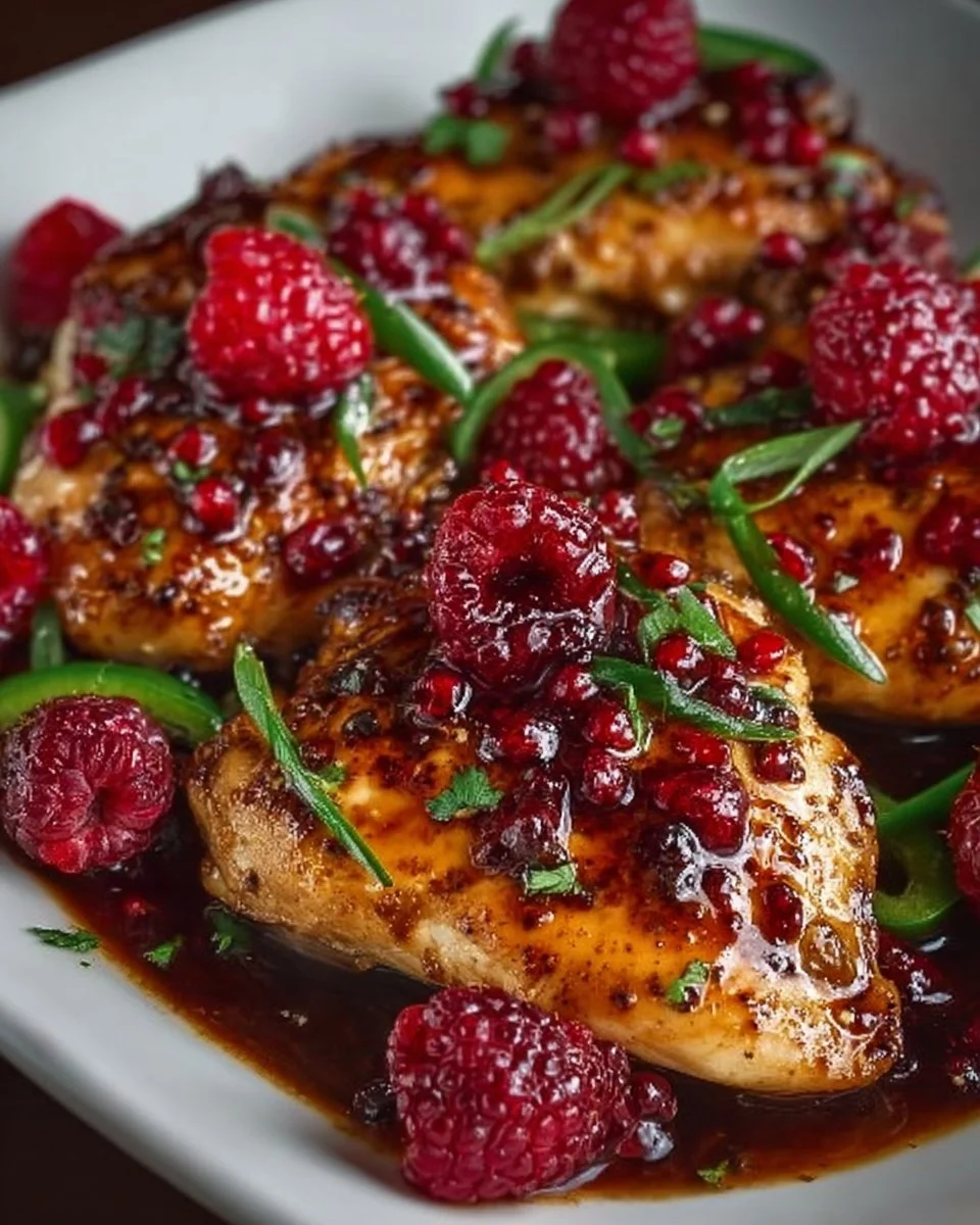 Sweet and Spicy Jalapeno Raspberry Chicken served on a plate