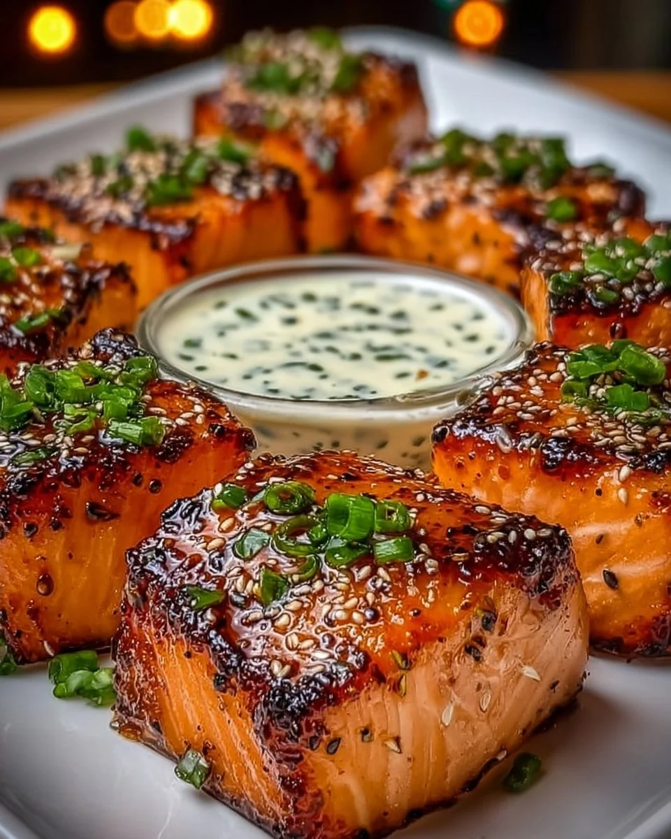 Sweet Chili Salmon Bites served on a plate with garnishes
