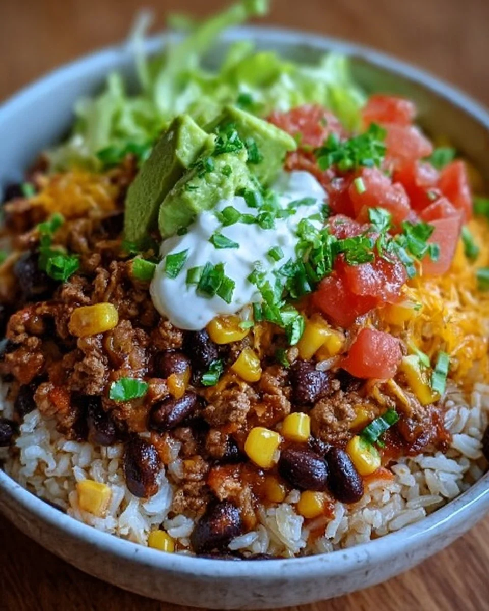 Delicious Taco Rice Bowl topped with fresh ingredients and vibrant colors.