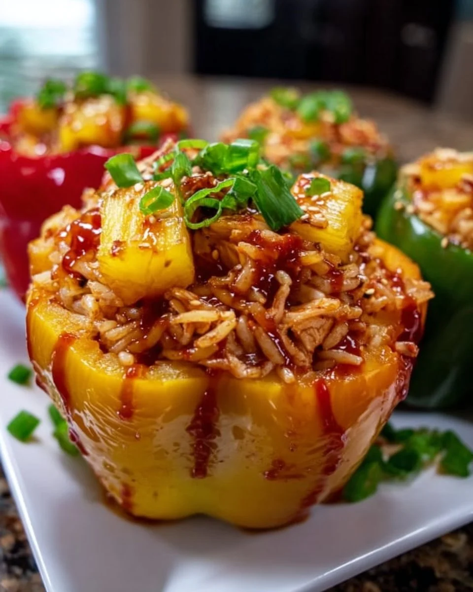 Teriyaki pineapple chicken rice stuffed peppers on a plate