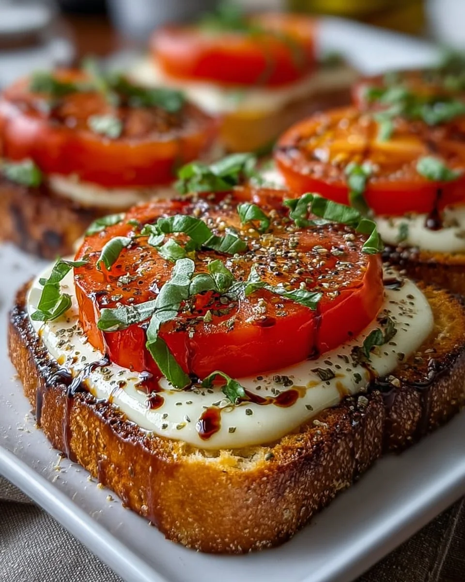 Delicious Tomato Basil Mozzarella Toast garnished with fresh herbs.