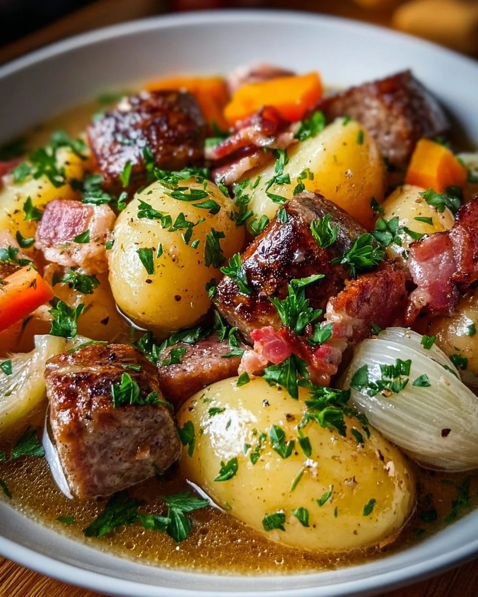 Bowl of Traditional Dublin Coddle with sausages and potatoes