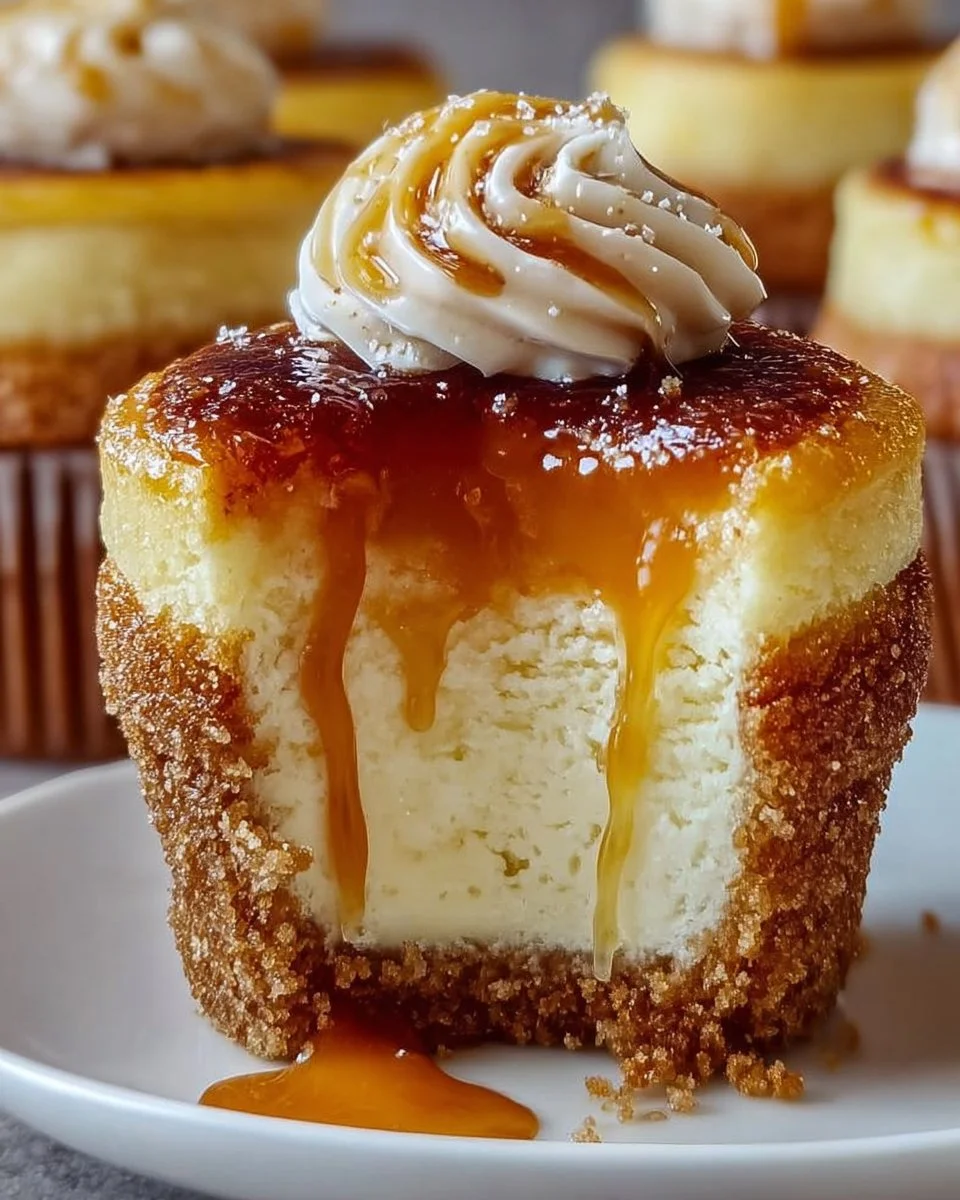 Vanilla bean crème brûlée cheesecake cupcakes topped with caramelized sugar