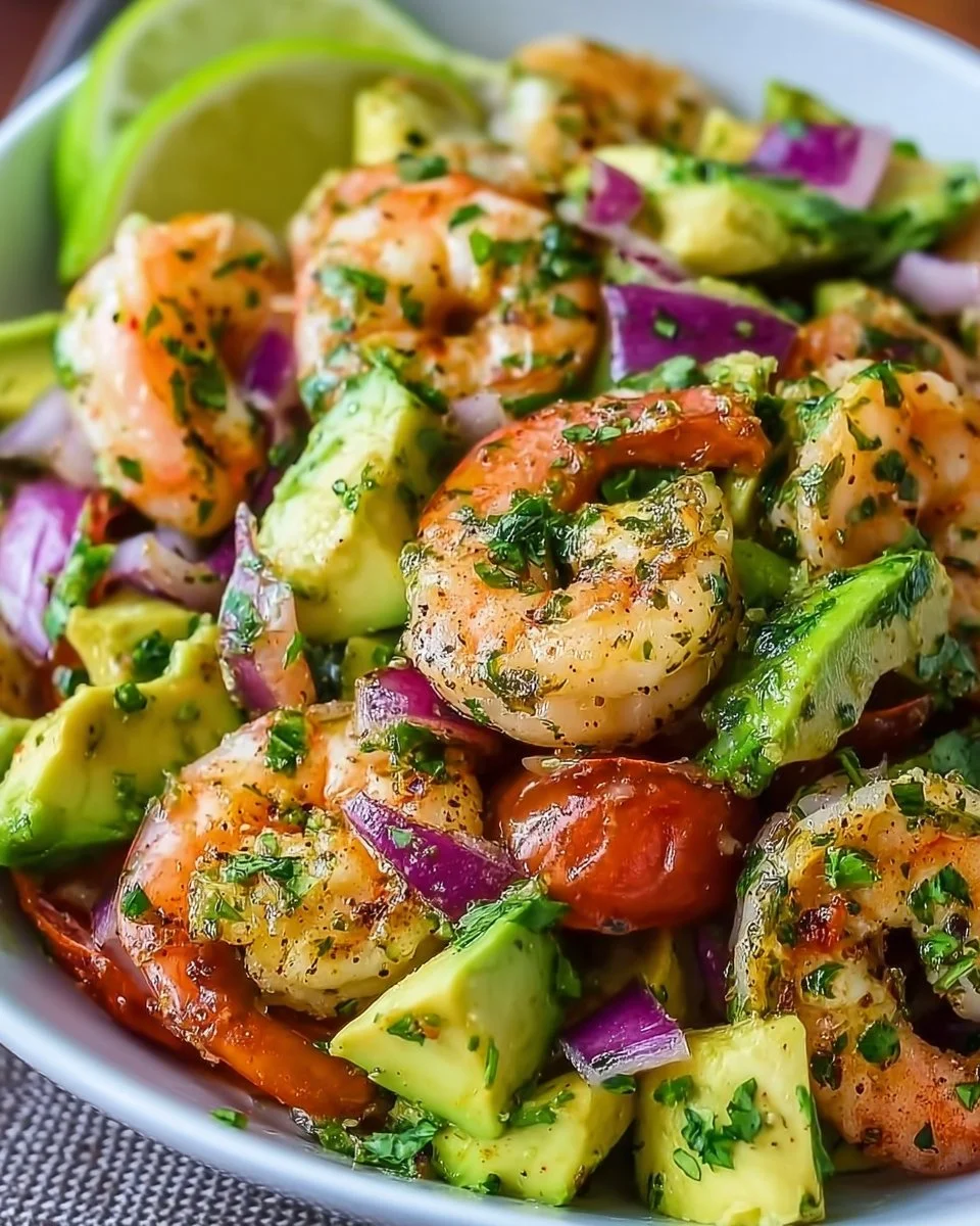 Zesty lime shrimp and avocado salad served in a bowl, garnished with cilantro.