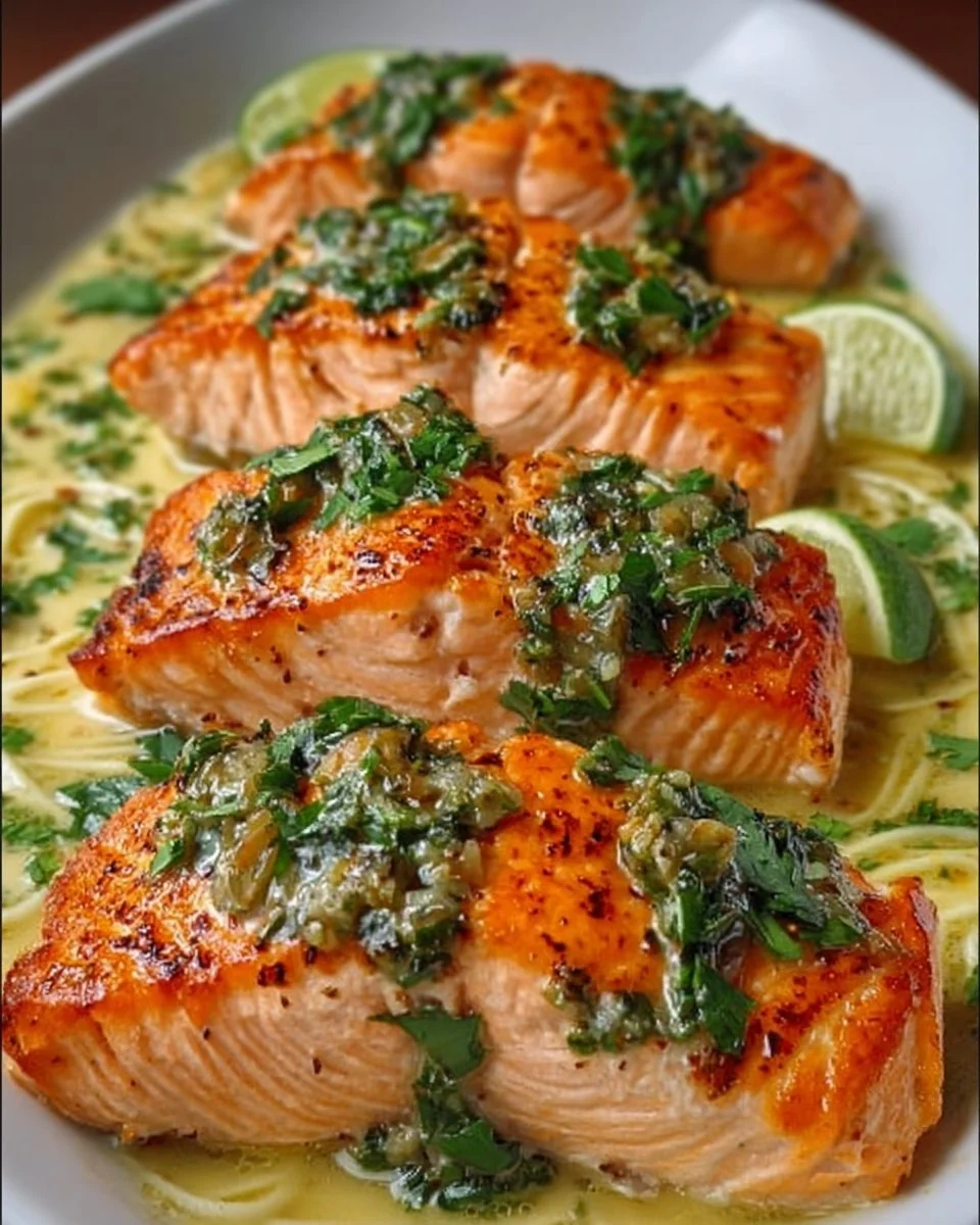Zesty salsa verde baked salmon served with fresh herbs on a plate.