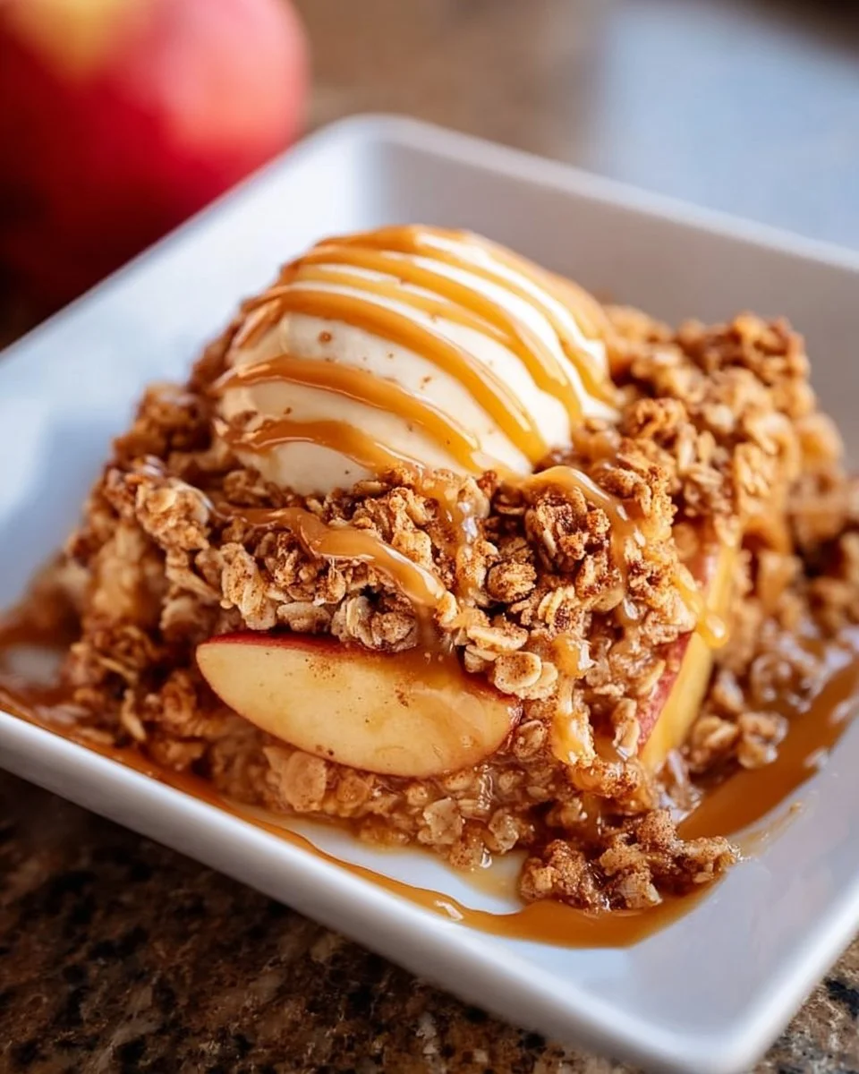 Delicious high protein apple crisp topped with oats and nuts