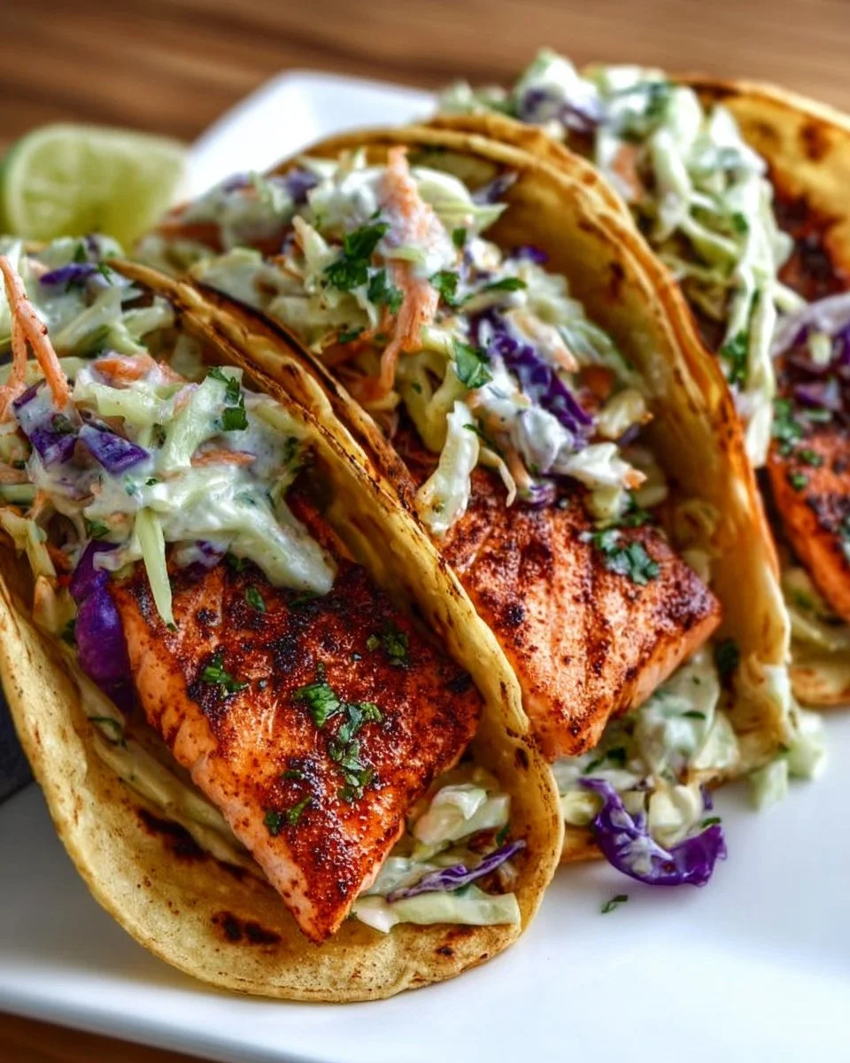 Delicious air fryer salmon tacos topped with fresh slaw