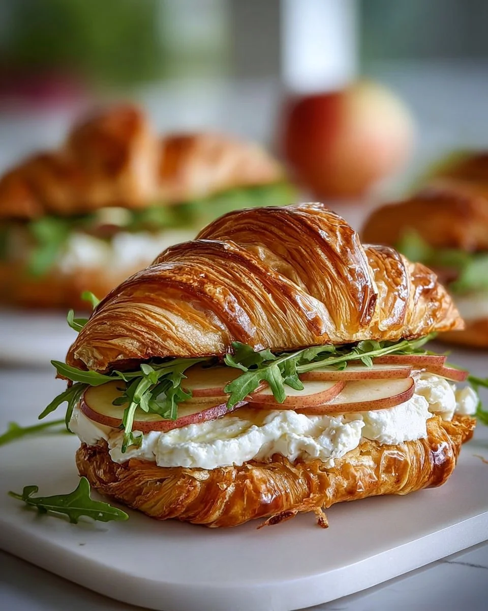 Apple and goat cheese croissant sandwich served on a plate
