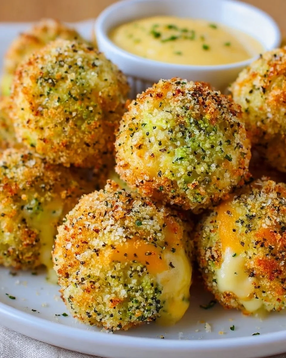 Baked broccoli cheese balls served on a plate with fresh garnish