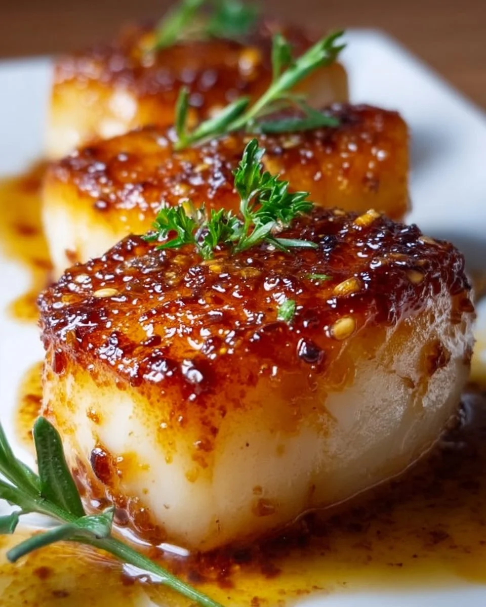 Baked honey marinated cod fillet on a plate with herbs